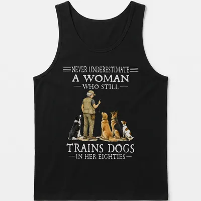 Realistic illustration of a woman training dogs with motivational text — printed on a tank top