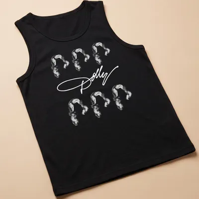 Abstract illustration featuring the name Dolly in a playful hair design — printed on a tank top