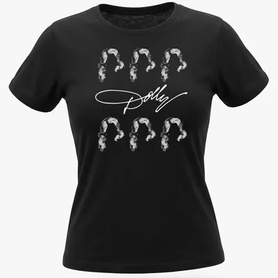 Abstract illustration featuring the name Dolly in a playful hair design — printed on a women's shirt