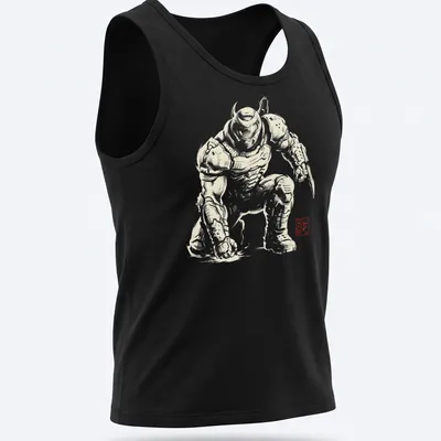 Silhouette of Doom Slayer in Sumi E style on black and white — printed on a tank top