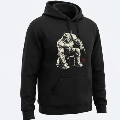Silhouette of Doom Slayer in Sumi E style on black and white — printed on a unisex hoodie