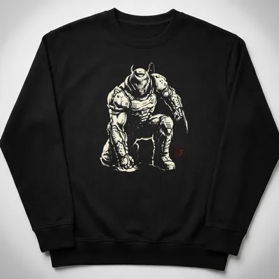 Silhouette of Doom Slayer in Sumi E style on black and white — printed on a unisex sweatshirt