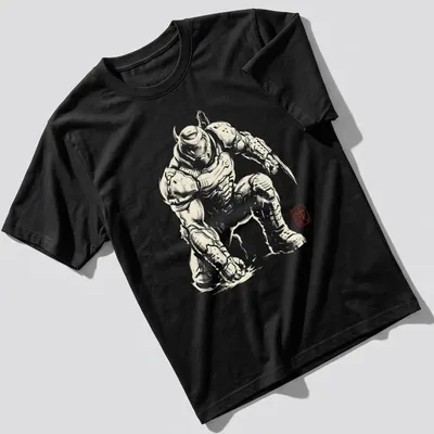 Silhouette of Doom Slayer in Sumi E style on black and white t-shirt
