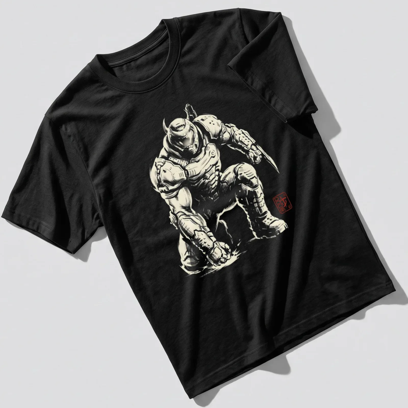 Silhouette of Doom Slayer in Sumi E style on black and white — printed on a unisex t-shirt