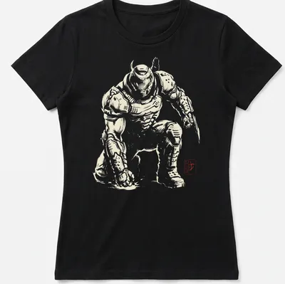 Silhouette of Doom Slayer in Sumi E style on black and white — printed on a women's shirt