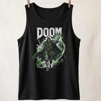 Comic book style Doom shirt with bold lettering and villainous imagery — printed on a tank top