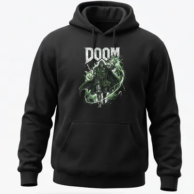 Comic book style Doom shirt with bold lettering and villainous imagery — printed on a unisex hoodie