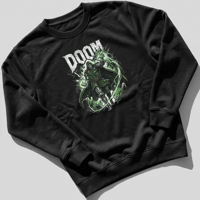 Comic book style Doom shirt with bold lettering and villainous imagery — printed on a unisex sweatshirt