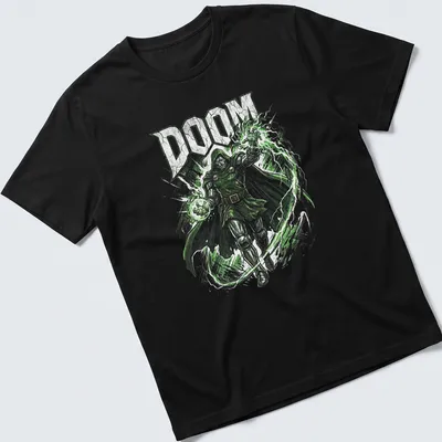Comic book style Doom shirt with bold lettering and villainous imagery