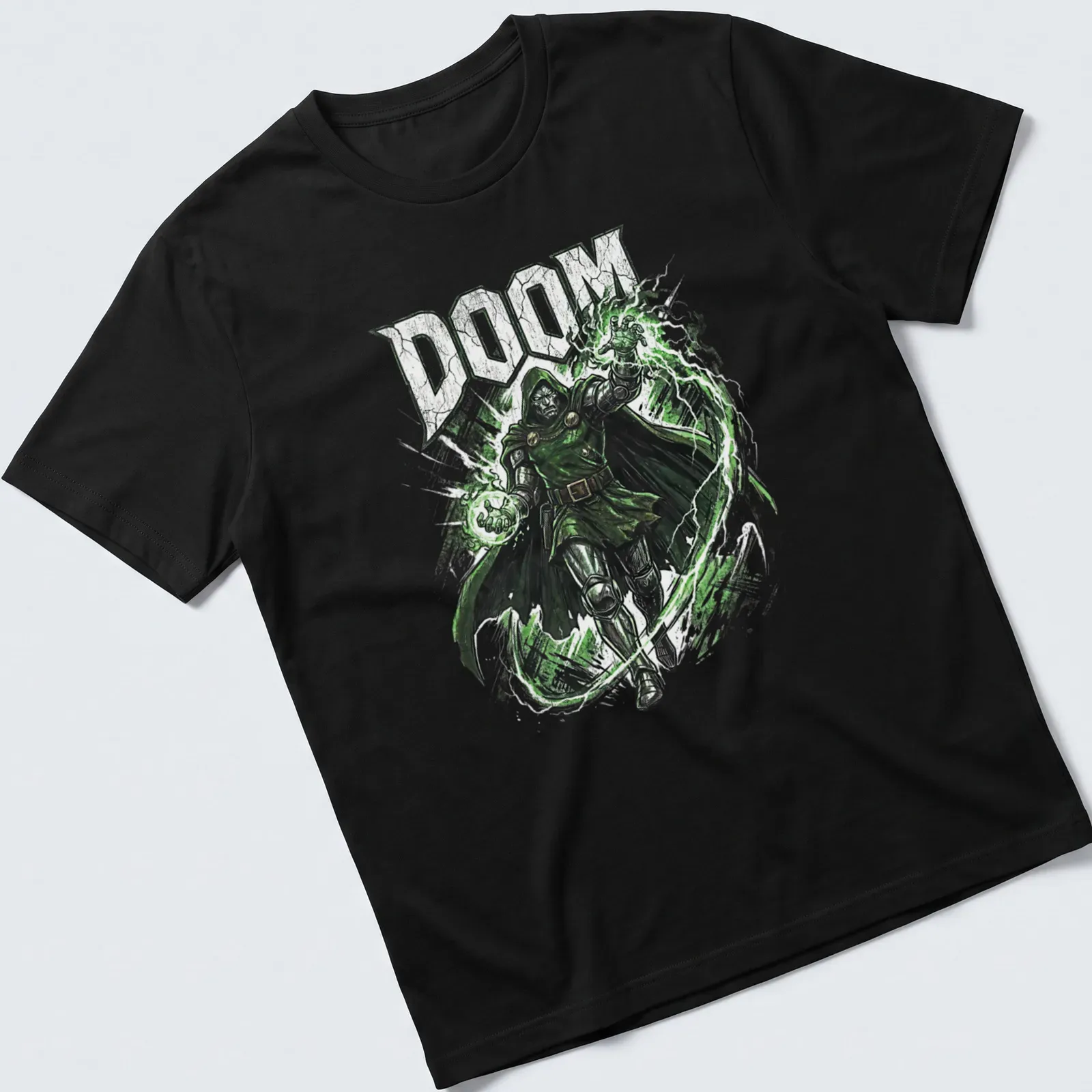 Comic book style Doom shirt with bold lettering and villainous imagery — printed on a unisex t-shirt