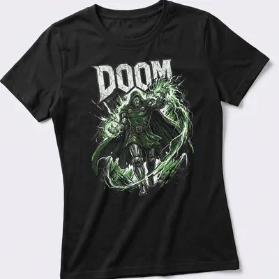 Comic book style Doom shirt with bold lettering and villainous imagery — printed on a women's shirt