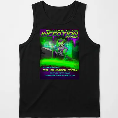 Comic-style graphic of Dr. Slimeglitch with vibrant colors and spooky text — printed on a tank top
