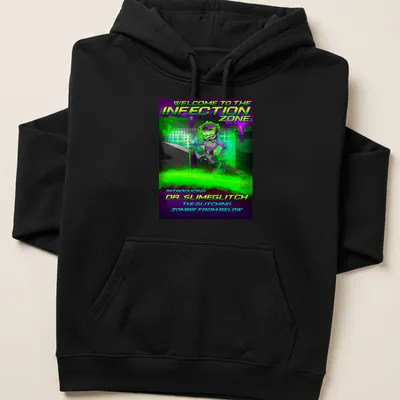 Comic-style graphic of Dr. Slimeglitch with vibrant colors and spooky text — printed on a unisex hoodie