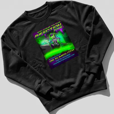 Comic-style graphic of Dr. Slimeglitch with vibrant colors and spooky text — printed on a unisex sweatshirt