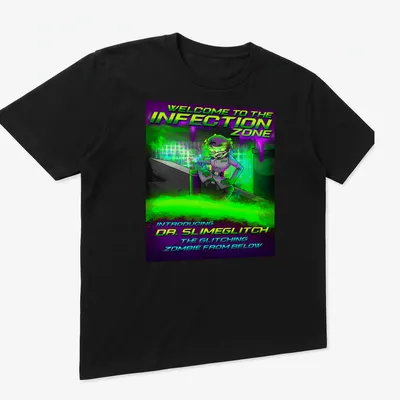 Comic-style graphic of Dr. Slimeglitch with vibrant colors and spooky text — printed on a unisex t-shirt (angled view)