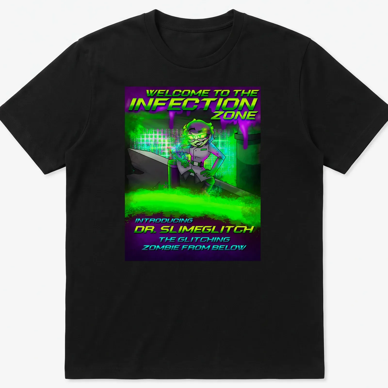 Comic-style graphic of Dr. Slimeglitch with vibrant colors and spooky text — printed on a unisex t-shirt