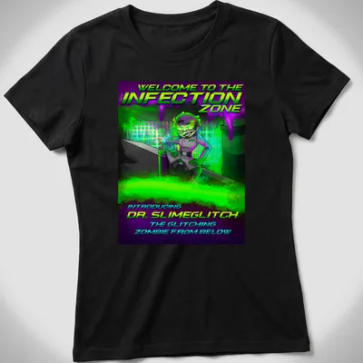 Comic-style graphic of Dr. Slimeglitch with vibrant colors and spooky text — printed on a women's shirt