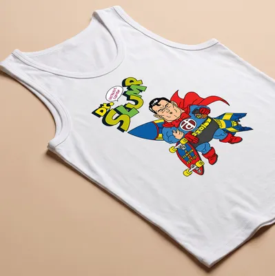 Colorful cartoon superhero from Dr. Slump with text Champion Of Justice — printed on a tank top