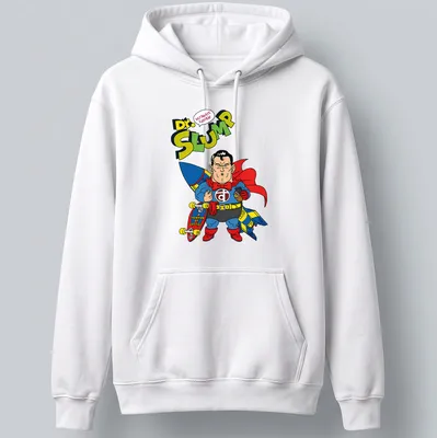 Colorful cartoon superhero from Dr. Slump with text Champion Of Justice — printed on a unisex hoodie