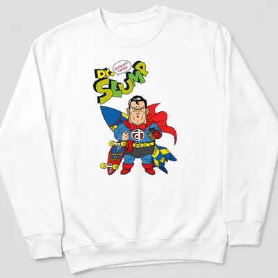 Colorful cartoon superhero from Dr. Slump with text Champion Of Justice — printed on a unisex sweatshirt