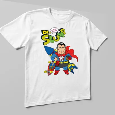 Colorful cartoon superhero from Dr. Slump with text Champion Of Justice — printed on a unisex t-shirt (angled view)