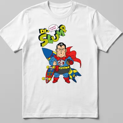 Colorful cartoon superhero from Dr. Slump with text Champion Of Justice