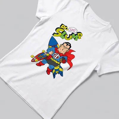 Colorful cartoon superhero from Dr. Slump with text Champion Of Justice — printed on a women's shirt