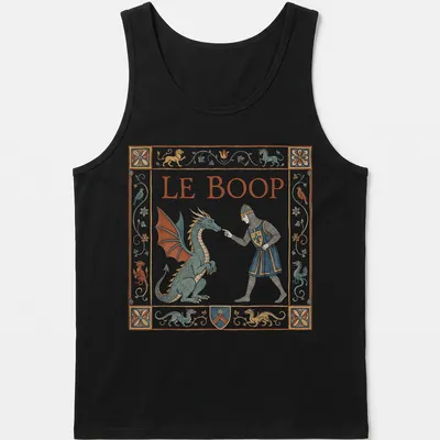 Whimsical dragon and knight graphic with 'LE BOOP' in bold text on a fantasy-themed t-shirt. — printed on a tank top