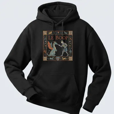 Whimsical dragon and knight graphic with 'LE BOOP' in bold text on a fantasy-themed t-shirt. — printed on a unisex hoodie