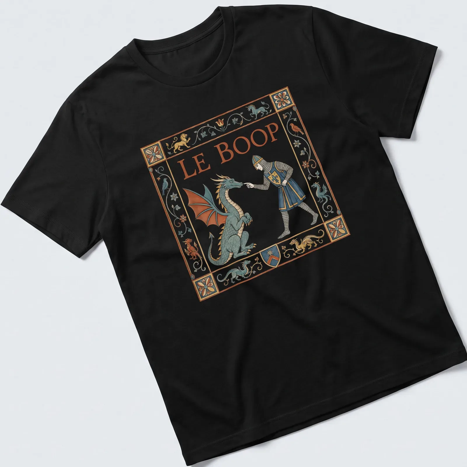 Whimsical dragon and knight graphic with 'LE BOOP' in bold text on a fantasy-themed t-shirt. — printed on a unisex t-shirt