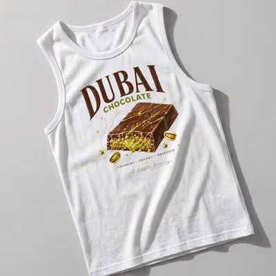 Illustrative print of a decadent chocolate dessert with text celebrating luxury — printed on a tank top
