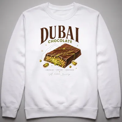 Illustrative print of a decadent chocolate dessert with text celebrating luxury — printed on a unisex sweatshirt