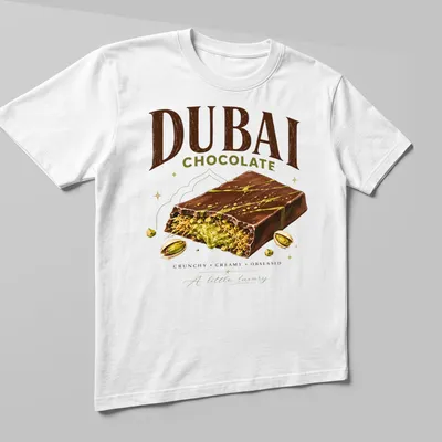 Illustrative print of a decadent chocolate dessert with text celebrating luxury — printed on a unisex t-shirt (angled view)