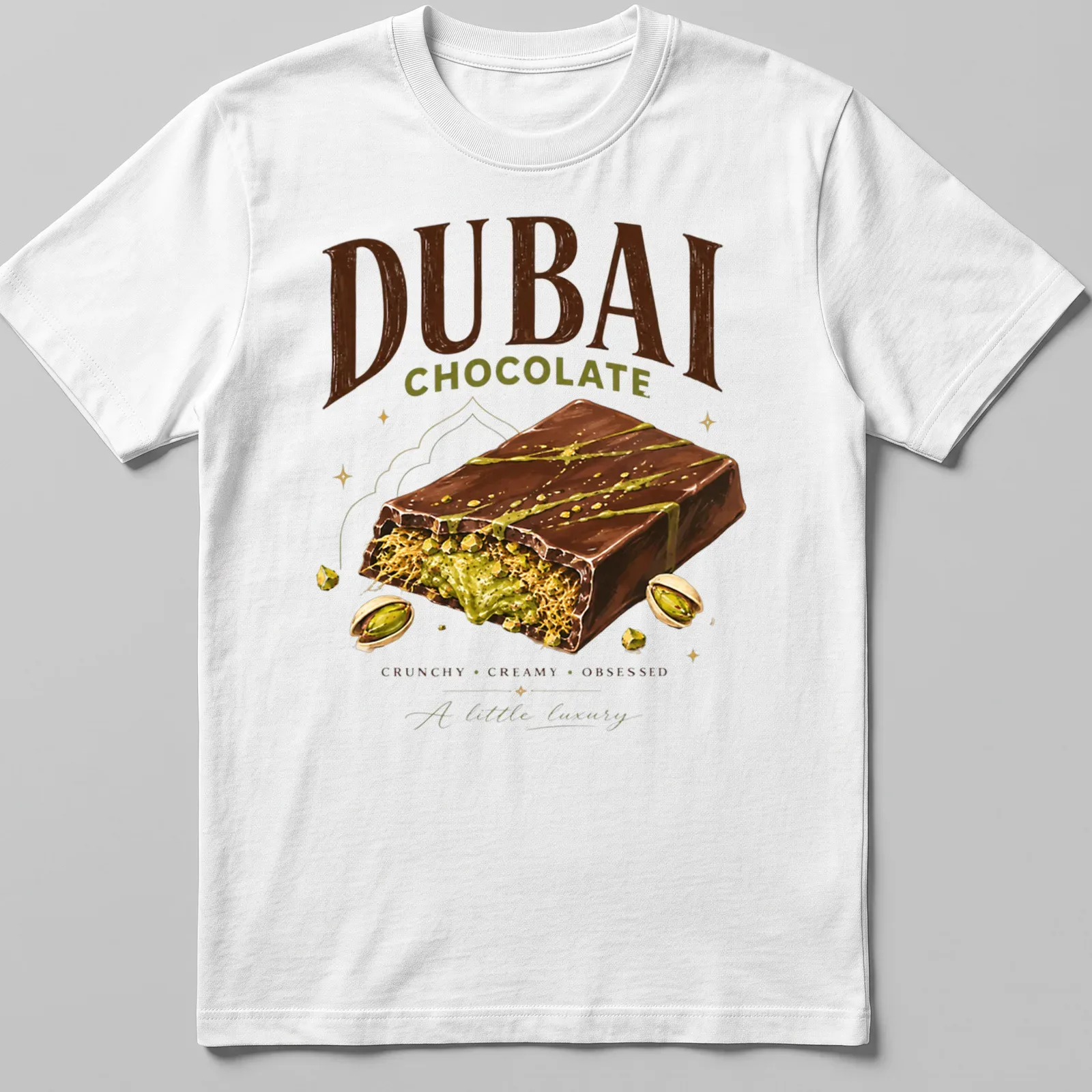 Illustrative print of a decadent chocolate dessert with text celebrating luxury — printed on a unisex t-shirt