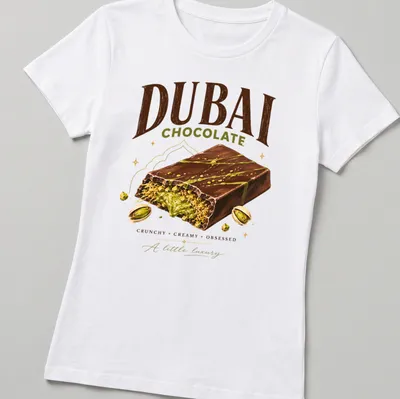 Illustrative print of a decadent chocolate dessert with text celebrating luxury — printed on a women's shirt