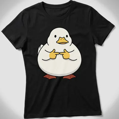Kawaii style T-shirt featuring a shy duck with playful text — printed on a women's shirt