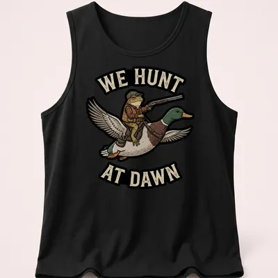 Cartoon frog riding a duck with the text 'We Hunt At Dawn' in vibrant colors — printed on a tank top