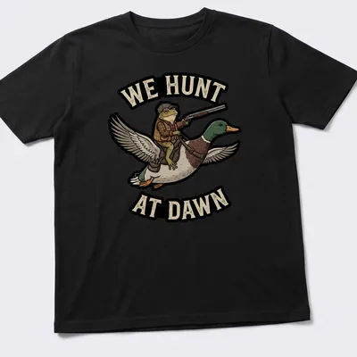 Cartoon frog riding a duck with the text 'We Hunt At Dawn' in vibrant colors