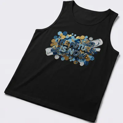Navy t-shirt with 3D text reading 'THE FUTURE IS NOW' in gold, teal, and white — printed on a tank top