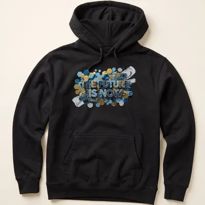 Navy t-shirt with 3D text reading 'THE FUTURE IS NOW' in gold, teal, and white — printed on a unisex hoodie