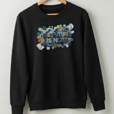 Navy t-shirt with 3D text reading 'THE FUTURE IS NOW' in gold, teal, and white — printed on a unisex sweatshirt