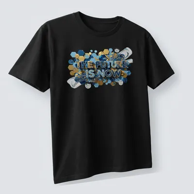 Navy t-shirt with 3D text reading 'THE FUTURE IS NOW' in gold, teal, and white — printed on a unisex t-shirt (angled view)