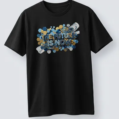 Navy t-shirt with 3D text reading 'THE FUTURE IS NOW' in gold, teal, and white
