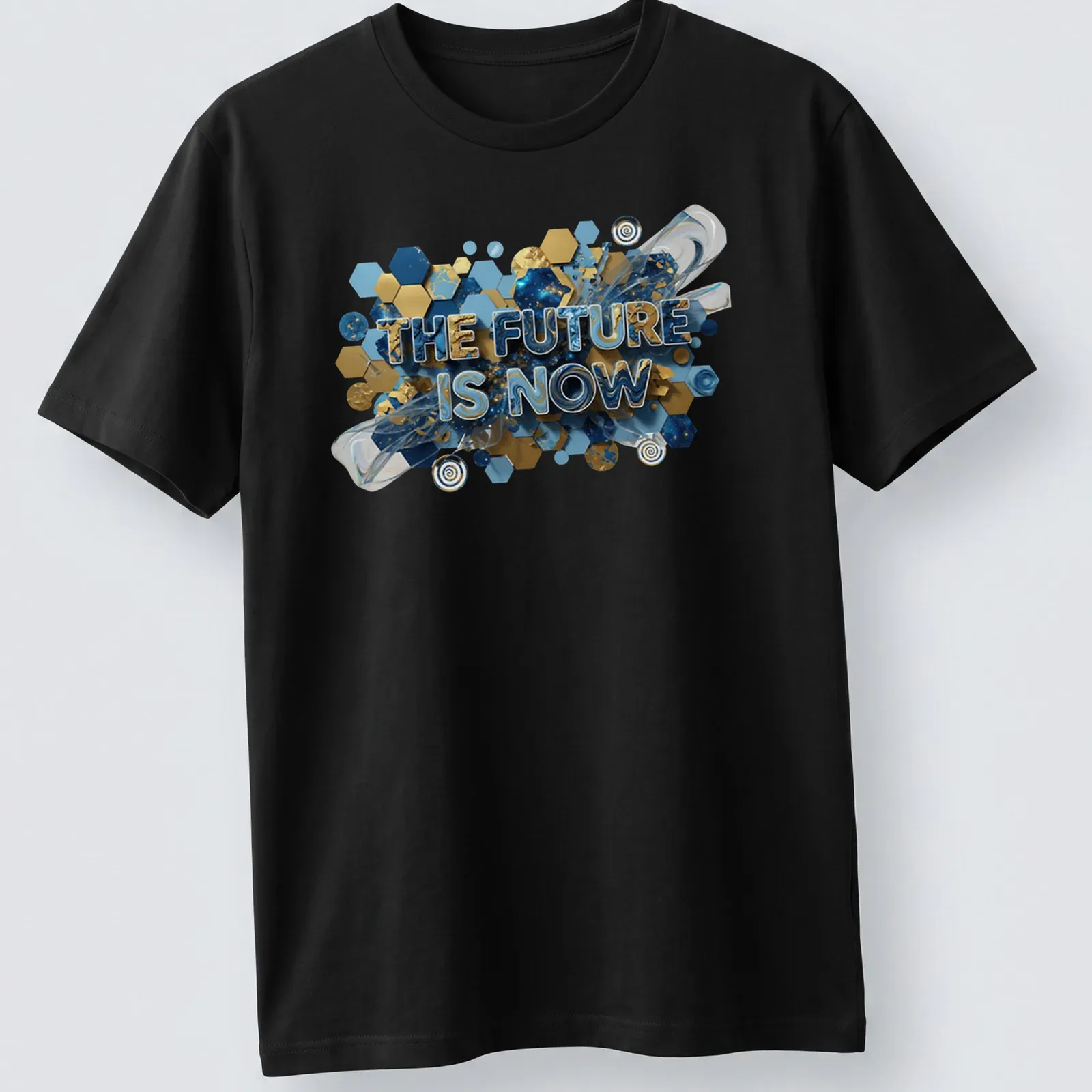 Navy t-shirt with 3D text reading 'THE FUTURE IS NOW' in gold, teal, and white — printed on a unisex t-shirt