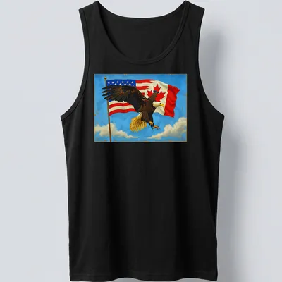 Vibrant illustration of an eagle with Canada and US flags in red, white, and blue — printed on a tank top