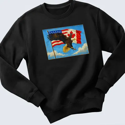 Vibrant illustration of an eagle with Canada and US flags in red, white, and blue — printed on a unisex sweatshirt