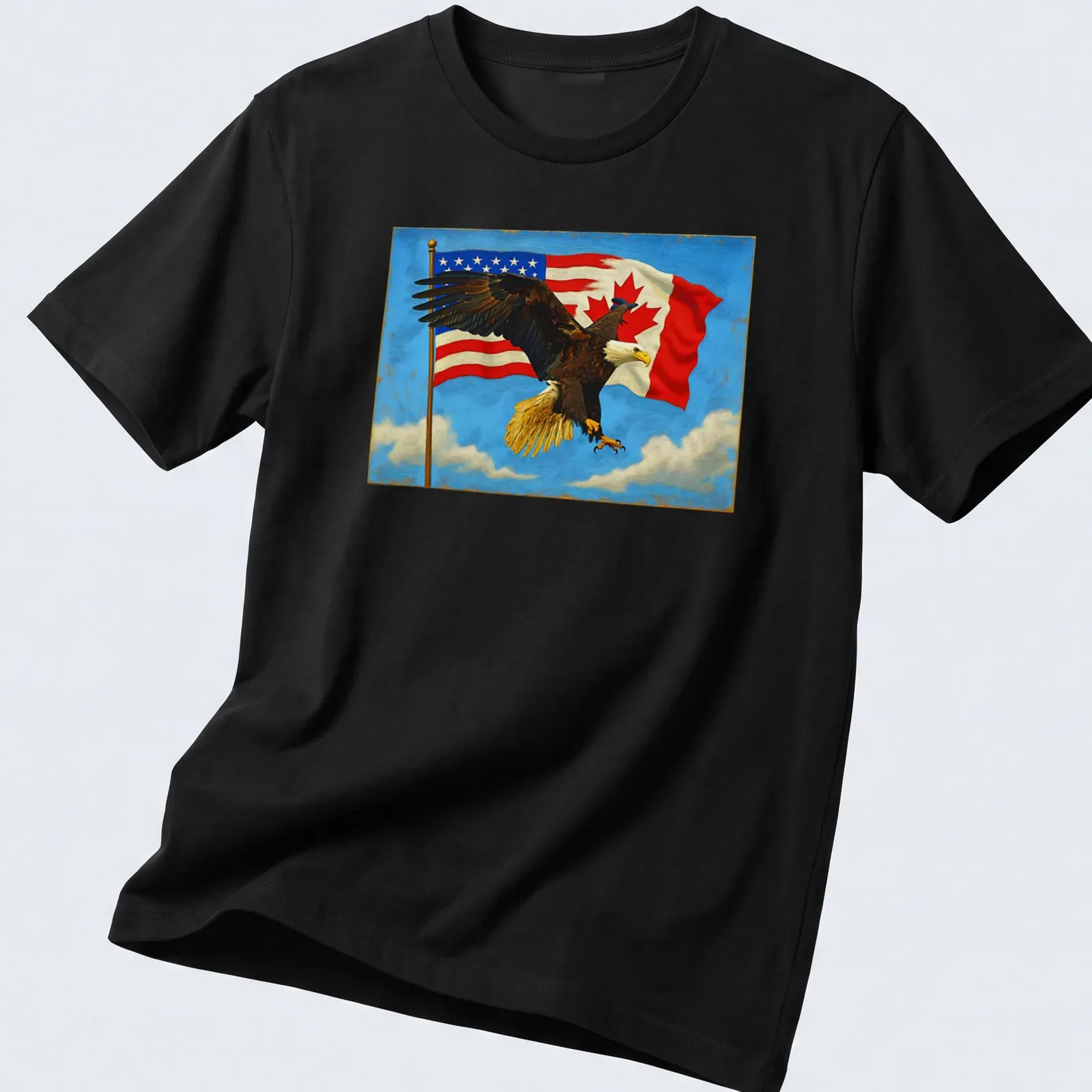 Vibrant illustration of an eagle with Canada and US flags in red, white, and blue — printed on a unisex t-shirt