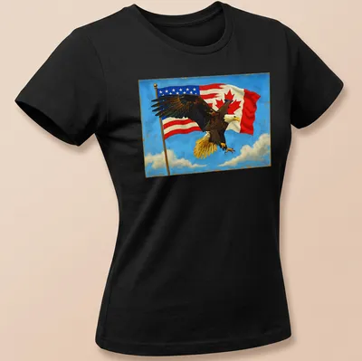 Vibrant illustration of an eagle with Canada and US flags in red, white, and blue — printed on a women's shirt