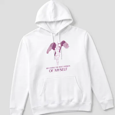Minimalist illustration of an Eagle Woman with text about becoming the best version of oneself — printed on a unisex hoodie