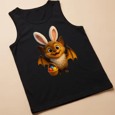 Cartoon bat holding a basket of colorful Easter eggs — printed on a tank top